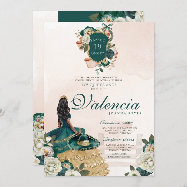 Green Gold Floral Crest Afrolatina Charro Quince  Invitation (Front/Back)