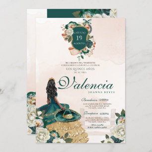 Green Gold Floral Crest Afrolatina Charro Quince  Invitation
