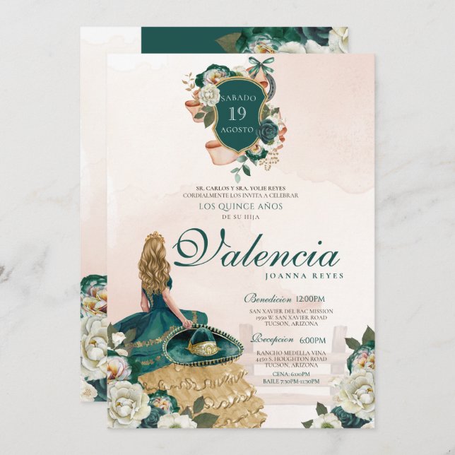 Green Gold Floral Crest Elegant Charra Quinceanera Invitation (Front/Back)