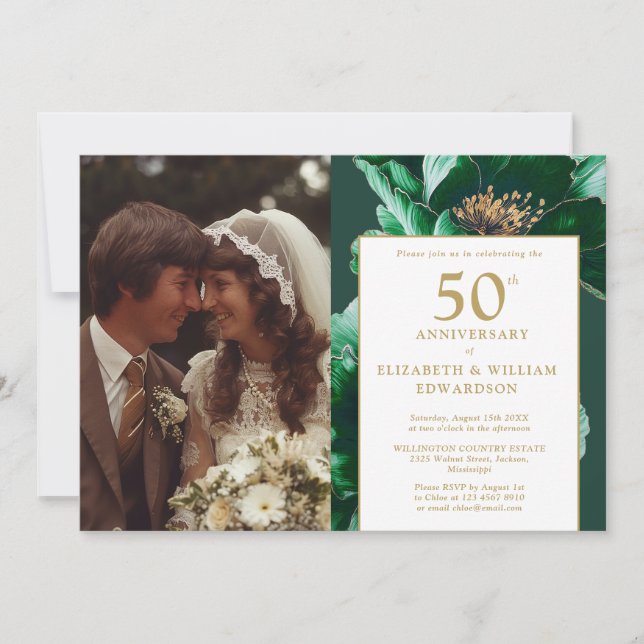 Green Gold Floral Elegant 50th Anniversary 2 Photo Invitation (Front)