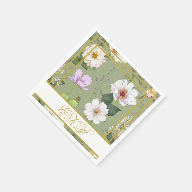  Green Gold Floral Elegant Modern Monogram Napkin (Corner)