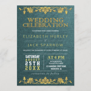 Green & Gold Floral Embroidery Wedding Invitations