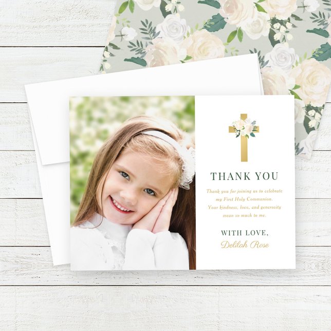 Green Gold Floral First Holy Communion Girl Photo Thank You Card (Creator Uploaded)