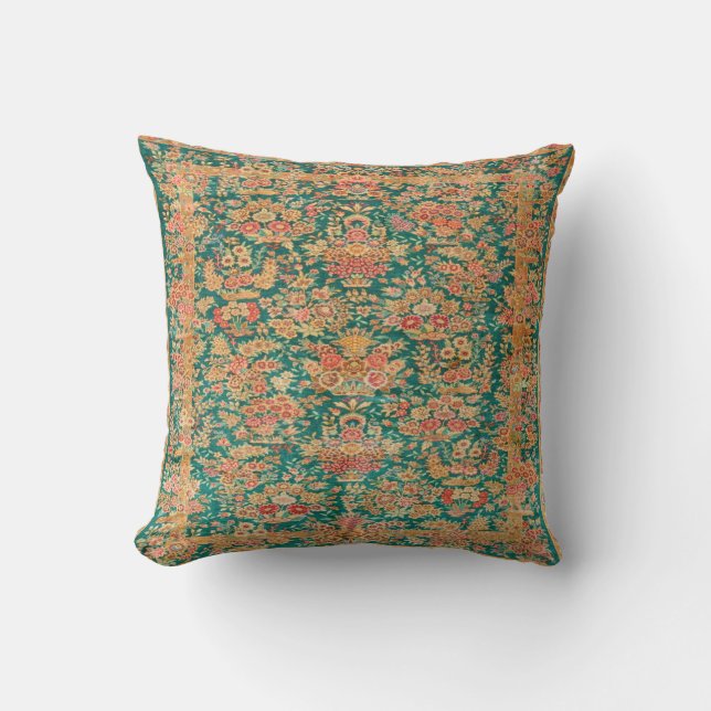 Green Gold Floral Flower Persian Turkish Rug Print Cushion (Front)