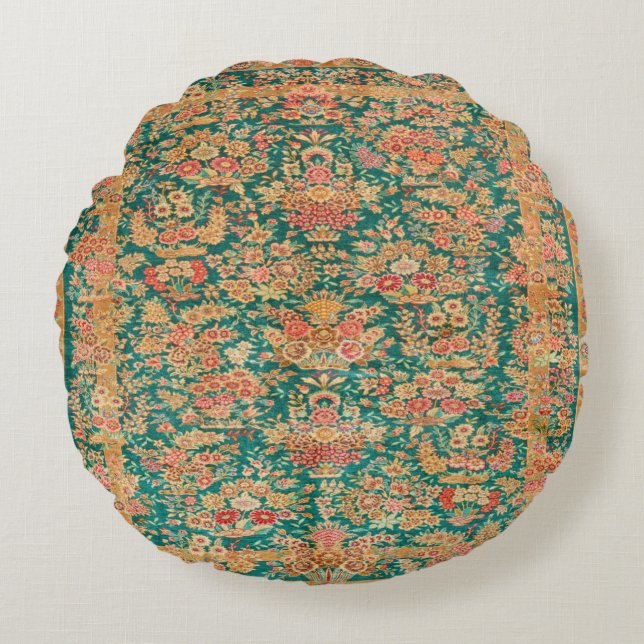 Green Gold Floral Flower Persian Turkish Rug Print Round Cushion (Front)