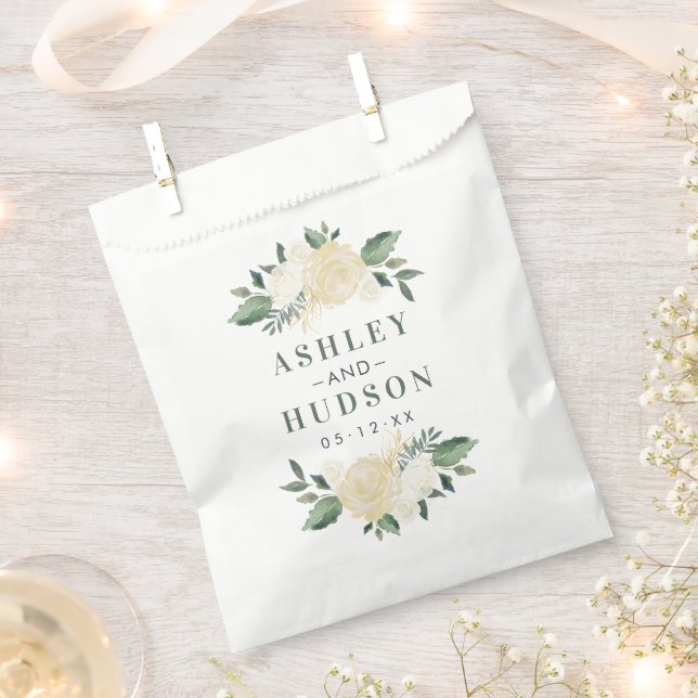 Green Gold Floral Greenery Wedding Monogram Favour Bag (Clipped)