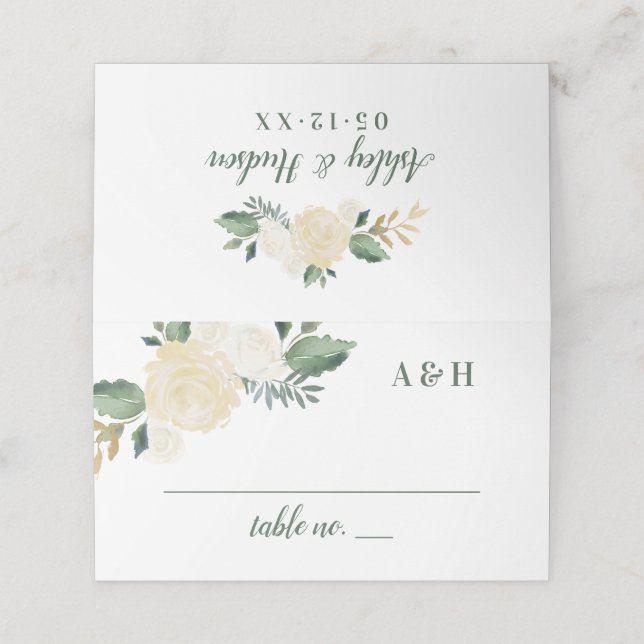 Green Gold Floral Greenery Wedding Monogram Place Card (Outside Unfolded)
