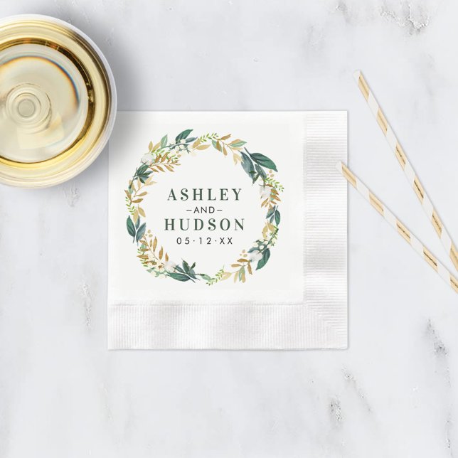 Green Gold Floral Greenery Wreath Wedding Monogram Napkin (Creator Uploaded)