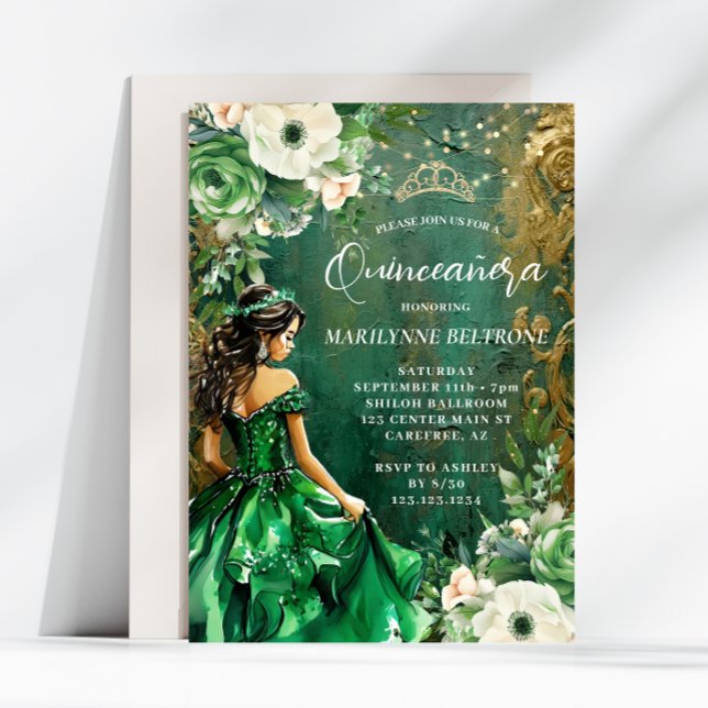 Green Gold Floral Princess Quinceañera Invitation (Creator Uploaded)