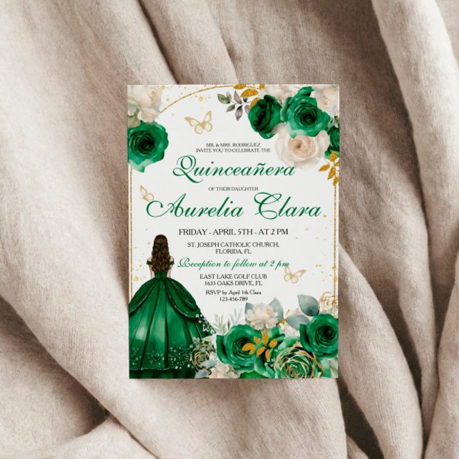 Green Gold Floral Quinceanera Invitation (Creator Uploaded)