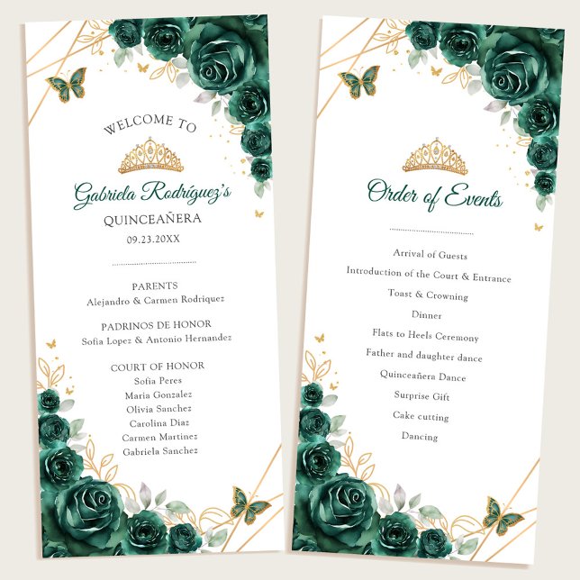 Green Gold Floral Quinceanera Order of Events Program (Creator Uploaded)