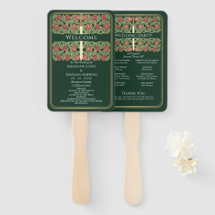 Green Gold Floral Sword Royal Wedding Program Hand Fan