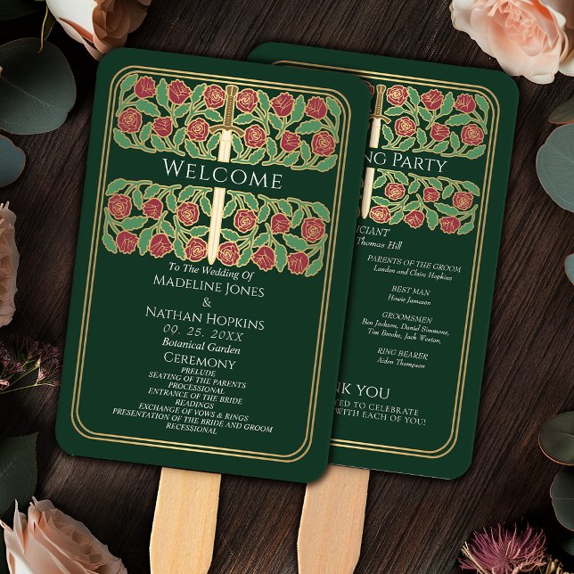 Green Gold Floral Sword Royal Wedding Program Hand Fan (Creator Uploaded)
