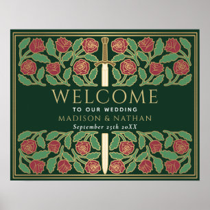 Green Gold Floral Sword Royal Wedding Welcome Sign