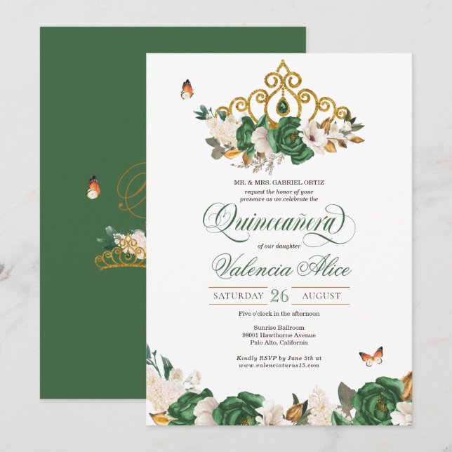 Green & Gold Floral Tiara Butterfly Quinceañera Invitation (Front/Back)
