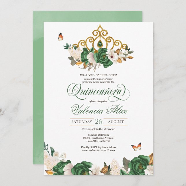 Green & Gold Floral Tiara Butterfly Quinceañera Invitation (Front/Back)