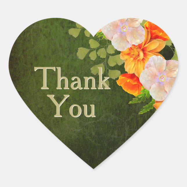 Green Gold Floral Wedding Thank You Heart Sticker (Front)