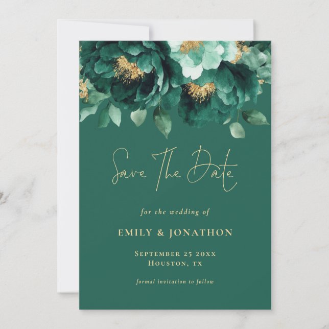 Green Gold Florals QR Code Wedding Emerald Save The Date (Front)