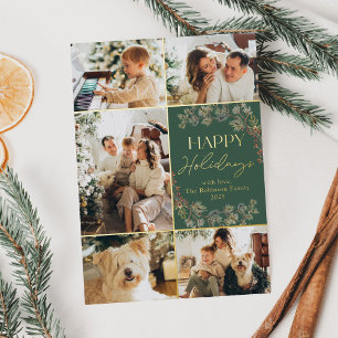 Green Gold Foil 5 Family Photo Holiday Card