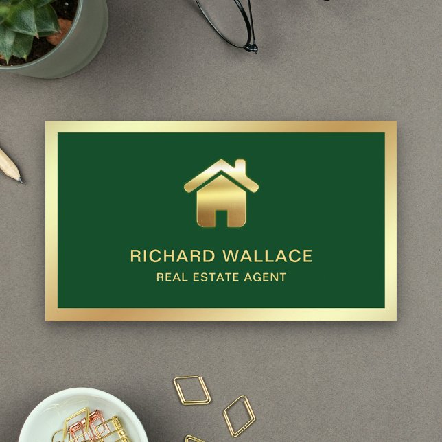 Green Gold Foil Home Logo Real Estate Agent Business Card (Creator Uploaded)