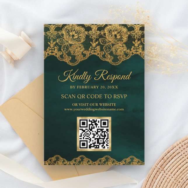 Green Gold Foil Lace QR Code RSVP Wedding Website Enclosure Card (Creator Uploaded)