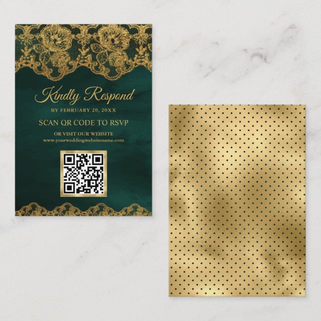 Green Gold Foil Lace QR Code RSVP Wedding Website Enclosure Card (Front/Back)