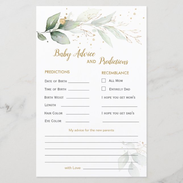 Green & Gold Foliage Baby Prediction & Advice card (Front)