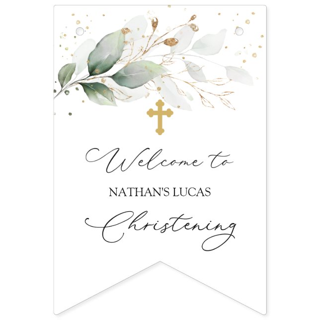Green Gold Foliage Christening bunting banner (First Flag)