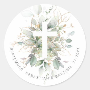 Green Gold Foliage Cross Baptism Classic Round Sticker