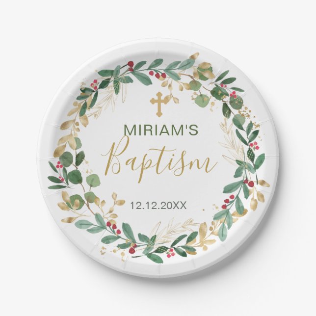 Green Gold Foliage Cross Baptism Paper Plate (Front)