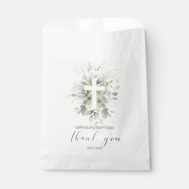 Green Gold Foliage Cross Baptism  Thank You Favour Bag (Front)