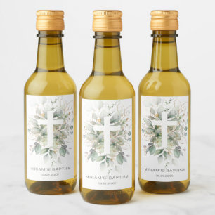 Green Gold Foliage Cross Baptism  Wine Label