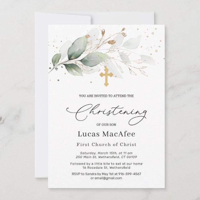 Green Gold Foliage Cross Christening Invitation (Front)