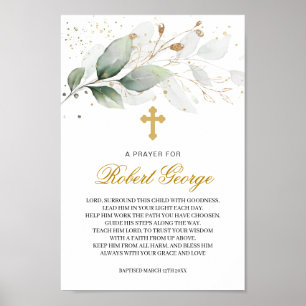 Green Gold Foliage Cross Gender Neutral Baptism Poster