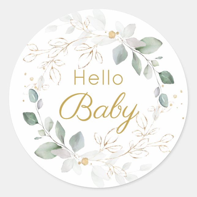 Green Gold Foliage Gender Neutral Baby Shower Classic Round Sticker (Front)