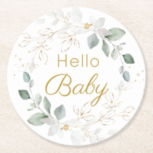 Green Gold Foliage Gender Neutral Baby Shower Round Paper Coaster
