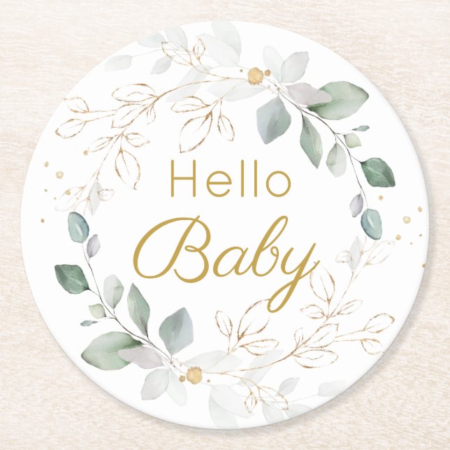 Green Gold Foliage Gender Neutral Baby Shower Round Paper Coaster (Front)