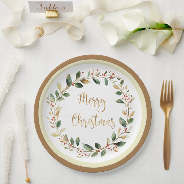 Green Gold Foliage Red Berry Christmas Paper Plate (Wedding)