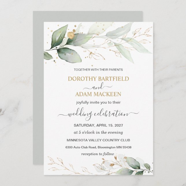 Green & gold foliage Wedding Invitation (Front/Back)