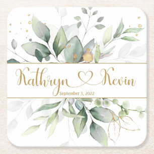 Green & Gold Foliage Wedding  Square Paper Coaster