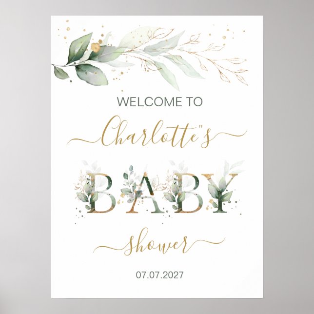 Green & gold foliage Welcome Baby shower sign (Front)