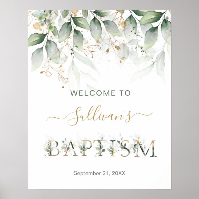 Green & gold foliage Welcome Baptism sign (Front)