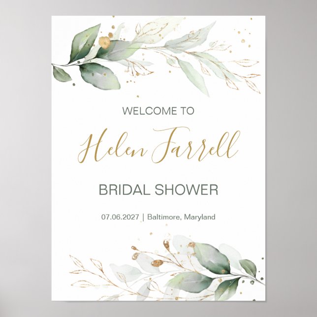 Green & gold foliage, welcome Bridal Shower sign (Front)