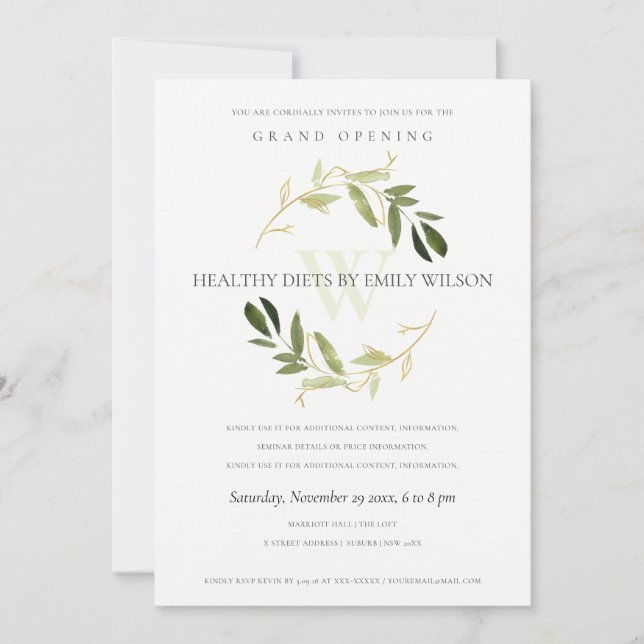GREEN GOLD FOLIAGE WREATH GRAND OPENING INVITE (Front)