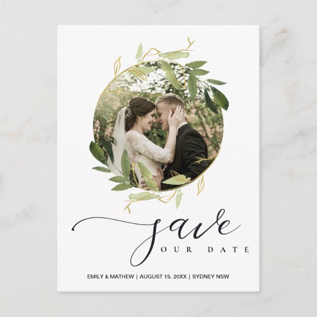 GREEN GOLD FOLIAGE WREATH SAVE THE DATE PHOTO ANNOUNCEMENT POSTCARD (Front)
