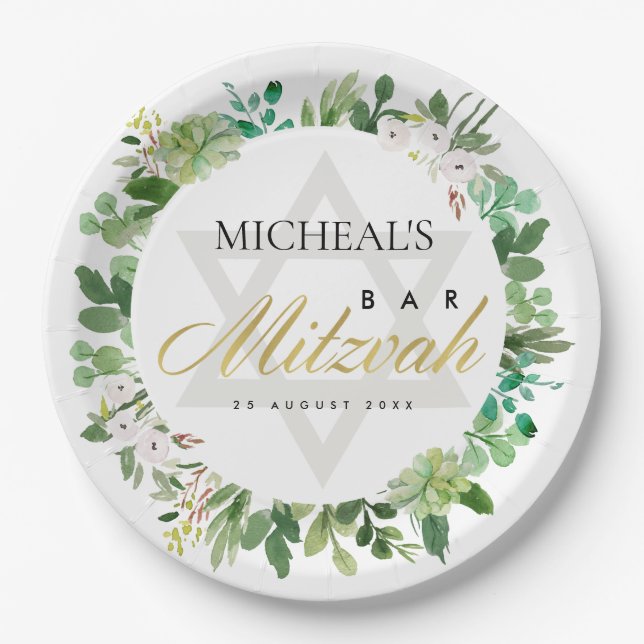 GREEN GOLD FOLIAGE WREATH STAR BAR BAT MITZVAH PAPER PLATE (Front)