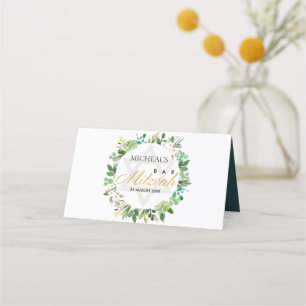GREEN GOLD FOLIAGE WREATH STAR BAR BAT MITZVAH PLACE CARD