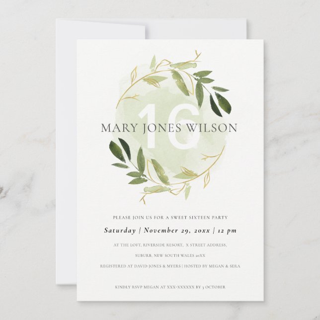 GREEN GOLD FOLIAGE WREATH SWEET 16 BIRTHDAY CARD (Front)