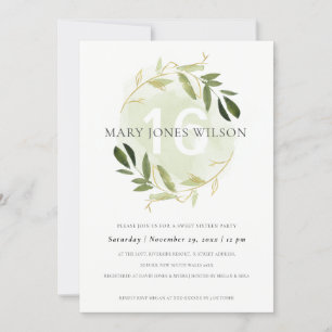 GREEN GOLD FOLIAGE WREATH SWEET 16 BIRTHDAY CARD