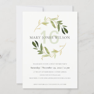 GREEN GOLD FOLIAGE WREATH SWEET 16 BIRTHDAY CARD
